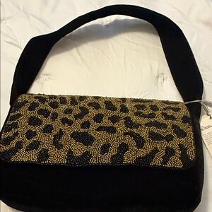 a new day Black Shoulder Bag with Gold Beaded Leopard Flap